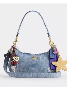 NWT COACH Teri Shoulder BagIn Loved Denim With Charms CDY76 In Light Indigo